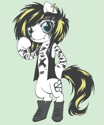 Size: 1439x1727 | Tagged: safe, artist:cactuscruncher, derpibooru exclusive, earth pony, semi-anthro, andy biersack, arm hooves, bandana, bipedal, black mane, black veil brides, blue eyes, bodypaint, boots, clothes, cross, dyed mane, dyed tail, ear piercing, eye clipping through hair, face paint, facial piercing, green background, hoof on hip, lip piercing, long hair, long mane, looking at you, makeup, male, messy mane, messy tail, piercing, ponified, raised hoof, rocker, shoes, simple background, smiling, smiling at you, solo, stallion, standing, standing on two hooves, tail, three quarter view, upright, vest, white coat