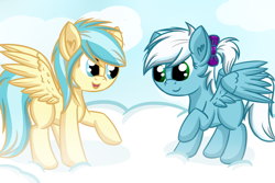 Size: 1280x853 | Tagged: safe, artist:ask-fleetfoot, fleetfoot, misty fly, pony, g4, ask-fleetfoot, bow, cloud, duo, female, filly, foal, hair bow, younger