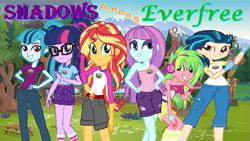 Size: 791x445 | Tagged: safe, indigo zap, lemon zest, sci-twi, sonata dusk, sunny flare, sunset shimmer, twilight sparkle, human, fanfic:shadows among everfree, equestria girls, g4, my little pony equestria girls: legend of everfree, camp everfree, camp everfree outfits, disguise, disguised siren, fanfic, fanfic art, fanfic cover