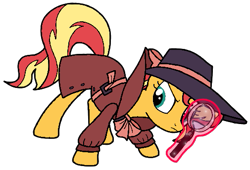 Size: 505x344 | Tagged: safe, artist:noi kincade, sunset shimmer, pony, unicorn, g4, clothes, detective, detective shimmer, fedora, hat, magnifying glass, simple background, solo, transparent background, trenchcoat