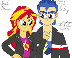 Size: 1280x1024 | Tagged: safe, artist:oscarcajilima, flash sentry, sunset shimmer, human, equestria girls 10th anniversary, equestria girls, g4, clothes, duo, female, jacket, leather, leather jacket, male, ship:flashimmer, shipping, simple background, straight, white background
