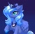 Size: 3280x3235 | Tagged: safe, artist:confetticakez, princess luna, alicorn, pony, g4, blue background, chest fluff, cute, ear fluff, female, hair over one eye, high res, horn, lunabetes, mare, pumkinroll is trying to murder us, raised hoof, s1 luna, simple background, smiling, solo, sparkles, wings