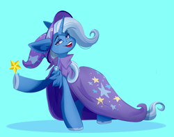 Size: 4033x3175 | Tagged: safe, artist:1an1, trixie, pony, unicorn, g4, blue background, chest fluff, female, high res, lidded eyes, mare, open mouth, open smile, simple background, smiling, solo, stars