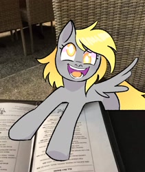 Size: 1464x1738 | Tagged: safe, artist:stevetwisp, derpy hooves, pegasus, pony, g4, irl, looking at you, menu, open mouth, photo, ponies in real life, smiling, solo, spread wings, white pupils, wings