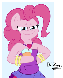 Size: 2103x2584 | Tagged: safe, artist:datzigga, pinkie pie, earth pony, pony, semi-anthro, g4, abstract background, arm hooves, bipedal, bracelet, clothes, cupcake, female, food, grin, high res, jewelry, signature, smiling, solo