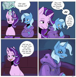 Size: 3486x3525 | Tagged: safe, artist:balileart, starlight glimmer, trixie, pony, unicorn, g4, bags under eyes, clothes, comic, dialogue, duo, female, folding, high res, hoodie, levitation, magic, mare, speech bubble, telekinesis, touch grass