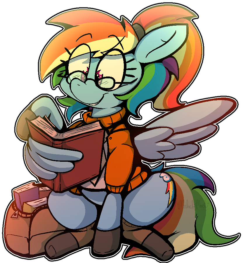 [bag,book,clothes,glasses,nerd,outfit,pegasus,pony,rainbow dash,reading,saddle bag,safe,simple background,socks,solo,sticker,transparent background,wing hands,wings,artist:malachimoet]