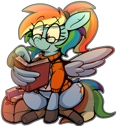 Size: 832x901 | Tagged: safe, artist:malachimoet, rainbow dash, pegasus, pony, g4, bag, book, clothes, glasses, nerd, outfit, reading, saddle bag, simple background, socks, solo, sticker, transparent background, wing hands, wings