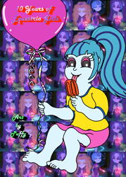 Size: 1644x2300 | Tagged: safe, artist:puffydearlysmith, sonata dusk, human, equestria girls 10th anniversary, equestria girls, g4, my little pony equestria girls: rainbow rocks, balloon, barefoot, clothes, feet, female, food, looking at you, ponytail, popsicle, shirt, skirt, tongue out