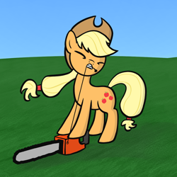 Size: 1064x1064 | Tagged: safe, artist:purblehoers, applejack, earth pony, pony, g4, applejack's hat, chainsaw, cowboy hat, eyes closed, female, grass, hair tie, hat, mare, outdoors, pulling, sky, solo, standing, tail tie, this will not end well