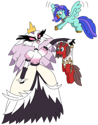 Size: 2234x2847 | Tagged: safe, artist:supahdonarudo, oc, oc:ironyoshi, oc:sea lilly, bird, classical hippogriff, demon, hippogriff, peacock, pony, unicorn, anthro, angry, anthro with ponies, atg 2023, bird demon, camera, clothes, fist, flying, happy, hellaverse, hellborn, helluva boss, high res, holding, holding a pony, jewelry, necklace, newbie artist training grounds, panic, peacock demon, scared, scowl, shirt, simple background, stella (helluva boss), transparent background