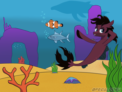 Size: 2000x1515 | Tagged: safe, artist:feralroku, humpback whale, seapony (g4), starfish, whale, bubble, clownfish, commission, coral, dorsal fin, fin, fish tail, hooves behind head, jordan fish, male, ocean, raised hoof, rock, seaweed, swimming, tail, tuna, underwater, water