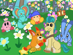 Size: 1000x750 | Tagged: safe, artist:mintwhistle, hitch trailblazer, awoofy, butterfly, earth pony, pony, puffball, rabiroo, waddle dee, g5, :o, abandoned, amused, annoyed, atg 2023, bandana, bandana waddle dee, blaze (coat marking), blush sticker, blushing, building, cloud, coat markings, critter magnet, crossover, elfilin, emanata, eyes closed, facial markings, flower, frown, heart, hitch trailblazer is not amused, irritated, kirby, kirby (series), kirby and the forgotten land, laughing, male, medibang paint, missing accessory, moss, newbie artist training grounds, no mouth, open mouth, pale belly, sky, socks (coat markings), stallion, touch, unamused, unshorn fetlocks, varying degrees of amusement, vine