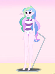 Size: 2900x3866 | Tagged: safe, alternate version, artist:diegosagiro, princess celestia, principal celestia, human, equestria girls, g4, assisted exposure, barefoot, breasts, clothes, doll, dollified, english, feet, female, high res, inanimate tf, multiple variants, partially undressed, pedestal, screaming internally, solo, swimsuit, toy, transformation, watch, wristwatch