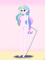 Size: 2900x3866 | Tagged: safe, alternate version, artist:diegosagiro, princess celestia, principal celestia, human, equestria girls, g4, ..., assisted exposure, barbie doll anatomy, barefoot, breasts, doll, dollified, english, featureless breasts, featureless crotch, feet, female, forced nudity, high res, inanimate tf, multiple variants, nudity, pedestal, solo, toy, transformation, undressed, watch, wristwatch