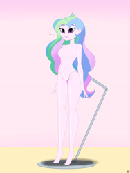 Size: 2900x3866 | Tagged: safe, alternate version, artist:diegosagiro, princess celestia, principal celestia, human, equestria girls, g4, ..., assisted exposure, barbie doll anatomy, barefoot, breasts, doll, dollified, english, featureless breasts, featureless crotch, feet, female, forced nudity, high res, inanimate tf, multiple variants, nudity, pedestal, solo, toy, transformation, undressed
