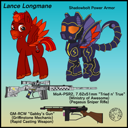 Size: 4000x4000 | Tagged: safe, artist:dice-warwick, oc, oc only, oc:lance longmane, pegasus, pony, fallout equestria, fallout equestria: equestria the beautiful, armor, armored pony, blade, blaze (coat marking), camouflage, coat markings, colored wings, eye scar, facial hair, facial markings, facial scar, fanart, fanfic art, full body, gradient background, gun, machine gun, magical energy weapon, ministry of awesome, mohawk, multicolored mane, multicolored wings, orange eyes, paws, pegasus oc, red fur, reference sheet, rifle, scar, scope, shadowbolts, sniper rifle, solo, text, tommy gun, visor, watermark, weapon, wings, wood