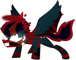 Size: 1559x1242 | Tagged: safe, artist:yamston, oc, oc only, oc:lance greenfield, demon, demon pony, pony, fanfic:living the dream, apollyon form, blood, collar, fanfic art, glowing, glowing eyes, gritted teeth, halo, horns, mane of fire, simple background, solo, spread wings, super form, teeth, transparent background, wings