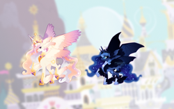 Size: 3000x1880 | Tagged: safe, artist:queenhoneybee, princess celestia, princess luna, alicorn, pony, g4, canterlot, duo, duo female, ethereal mane, ethereal tail, feathered fetlocks, female, high res, jewelry, mare, multiple wings, redesign, regalia, royal sisters, siblings, signature, sisters, spread wings, tail, wings