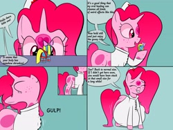 Size: 4000x3000 | Tagged: safe, artist:bestponies, oc, oc only, oc:cuteamena, oc:doctor gumheart, earth pony, goo, goo pony, monster pony, original species, pony, unicorn, belly, big belly, butt, clothes, dialogue, doctor, earth pony oc, endosoma, female, hat, horn, huge belly, impossibly large belly, mare, micro, non-fatal vore, peeking, plot, safe vore, same size vore, smiling, vore