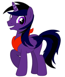 Size: 1089x1280 | Tagged: safe, artist:lavender-bases, artist:nightlightartz, oc, oc only, oc:cosmos nightheart, alicorn, pony, alicorn oc, bandana, base used, colored wings, colored wingtips, folded wings, grin, horn, looking at you, male, male alicorn, male alicorn oc, male oc, multicolored wings, neckerchief, purple eyes, raised hoof, simple background, smiling, solo, stallion, standing, transparent background, wings