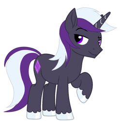 Size: 1280x1280 | Tagged: safe, artist:nightlightartz, artist:starshade, oc, oc only, oc:moonphase, pony, unicorn, base used, colored hooves, eyebrows, hoof polish, horn, lidded eyes, looking back, male, male oc, purple eyes, raised eyebrow, raised hoof, simple background, smiling, solo, stallion, transparent background, unicorn oc, unshorn fetlocks