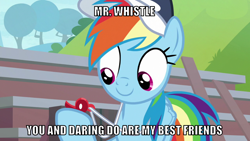 Size: 1066x600 | Tagged: safe, edit, edited screencap, editor:twi clown, screencap, rainbow dash, pegasus, pony, 2 4 6 greaaat, g4, buckball court, caption, coach rainbow dash, coaching cap, female, image macro, mare, rainbow dashs coaching whistle, smiling, solo, text, that pony sure does love whistles, this will end in deafness, whistle, whistle-sexual