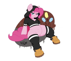 Size: 3150x2731 | Tagged: safe, artist:datzigga, derpibooru exclusive, pinkie pie, earth pony, pony, semi-anthro, g4, arm hooves, belly, belly button, clothes, high res, hoodie, plump, simple background, solo, transparent background