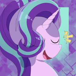 Size: 2048x2048 | Tagged: safe, artist:greyofurnama, starlight glimmer, pony, unicorn, g4, bust, eye clipping through hair, eyes closed, high res, open mouth, open smile, portrait, smiling, solo