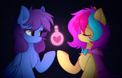 Size: 2822x1817 | Tagged: safe, artist:lerkfruitbat, oc, oc only, oc:cuihua, oc:nova twinkle, earth pony, pegasus, pony, bowtie, chest fluff, cloth, commission, dark background, duo, earth pony oc, eye clipping through hair, eyebrows, eyebrows visible through hair, eyes closed, female, folded wings, high res, mare, pegasus oc, raised hoof, signature, simple background, smiling, wings