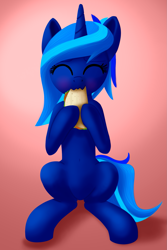Size: 1327x1990 | Tagged: safe, artist:stellardust, oc, oc only, oc:stellar dust, pony, unicorn, belly, belly button, eating, eyes closed, female, food, gradient background, lineless, mare, sitting, solo, taco