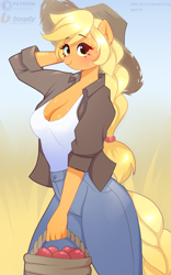Size: 2496x4000 | Tagged: safe, artist:xjenn9, applejack, earth pony, anthro, g4, adorasexy, apple, basket, braid, braided tail, breasts, busty applejack, cleavage, cottagecore, cute, female, food, gradient background, hat, jackabetes, looking at you, mare, sexy, solo, stupid sexy applejack, tail