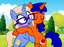 Size: 750x562 | Tagged: safe, artist:silentfilly, oc, oc only, pony, unicorn, background used, base used, bipedal, blushing, duo, duo female, eyes closed, female, glasses, horn, hug, mare, oc x oc, shipping, surprised, tree, unicorn oc