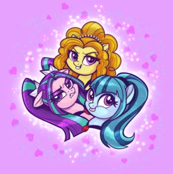Size: 2028x2048 | Tagged: safe, artist:sophillia, adagio dazzle, aria blaze, sonata dusk, human, pony, equestria girls, g4, bust, cute, equestria girls ponified, female, floppy ears, frown, gem, heart, high res, jewelry, necklace, pigtails, pink background, ponified, ponytail, simple background, siren gem, smiling, sonatabetes, the dazzlings, tongue out, trio, twintails