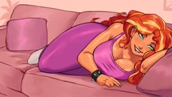 Size: 2560x1440 | Tagged: safe, artist:nire, sunset shimmer, human, equestria girls, g4, bare shoulders, blushing, breasts, busty sunset shimmer, cleavage, clothes, couch, curvy, ear piercing, freckles, leggings, looking at you, lying down, moderate dark skin, nail polish, peppered bacon, piercing, pillow, smiling, smiling at you, socks, solo, spiked wristband, tan lines, tan skin, tank top, thighs, thunder thighs, wide hips, wristband