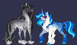 Size: 4476x2657 | Tagged: safe, artist:glorymoon, dj pon-3, octavia melody, vinyl scratch, earth pony, pony, unicorn, g4, alternate design, blaze (coat marking), chest fluff, cloven hooves, coat markings, curved horn, dappled, duo, duo female, facial markings, fangs, female, fluffy, horn, leonine tail, lesbian, looking at each other, looking at someone, mare, neck fluff, ship:scratchtavia, shipping, simple background, smiling, smiling at each other, tail, unshorn fetlocks, vinyl's glasses