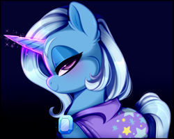Size: 839x671 | Tagged: safe, artist:esmeia, trixie, pony, unicorn, g4, brooch, cape, clothes, female, gem, glowing, glowing horn, horn, jewelry, lidded eyes, mare, smiling, solo, trixie's brooch, trixie's cape