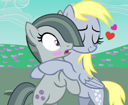 Size: 750x617 | Tagged: safe, artist:silentfilly, derpy hooves, marble pie, earth pony, pegasus, pony, g4, background used, base used, bipedal, bipedal leaning, blushing, crack shipping, cute, duo, duo female, eyes closed, female, floating heart, heart, hug, leaning, lesbian, marblebetes, mare, ship:marblederp, shipping, surprised, wings