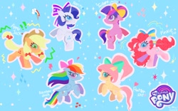 Size: 2048x1278 | Tagged: safe, artist:petaltwinkle, applejack, fluttershy, pinkie pie, rainbow dash, rarity, twilight sparkle, earth pony, pegasus, pony, unicorn, g4, alternate hairstyle, blue background, blushing, bow, cute, female, filly, filly applejack, filly fluttershy, filly mane six, filly pinkie pie, filly rainbow dash, filly rarity, filly twilight sparkle, hair bow, hair bun, lightning, looking at you, mane six, my little pony logo, open mouth, open smile, outline, pigtails, ponytail, rearing, short hair, signature, simple background, smiling, smiling at you, sparkles, tail, tail bow, twintails, watermark, white outline, wingding eyes, younger