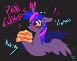 Size: 2048x1620 | Tagged: safe, artist:petaltwinkle, twilight sparkle, alicorn, pony, g4, black background, blushing, cute, exclamation point, female, floppy ears, food, hoof hold, i'm pancake, licking, licking lips, mare, pancakes, simple background, solo, spread wings, starry eyes, tongue out, twiabetes, twilight sparkle (alicorn), wingding eyes, wings