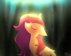Size: 1024x810 | Tagged: safe, artist:petaltwinkle, fluttershy, pegasus, pony, g4, blushing, eyes closed, female, floppy ears, light, looking up, mare, profile, smiling, solo