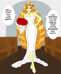 Size: 1707x2048 | Tagged: safe, artist:rileyav, adagio dazzle, human, equestria girls, g4, bare shoulders, bouquet, breasts, bride, busty adagio dazzle, cleavage, clothes, commission, dialogue, dress, ear piercing, earring, female, flower, gold digger, grin, hand on hip, high heels, jewelry, long hair, necklace, piercing, rose, shoes, smiling, solo, speech bubble, talking to viewer, wedding dress