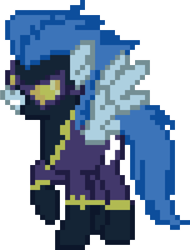 Size: 1342x1765 | Tagged: safe, artist:polygonical, nightshade, pegasus, pony, g4, desktop ponies, female, grin, mare, pixel art, raised hoof, shadowbolts, simple background, smiling, solo, spread wings, sprite, transparent background, wings