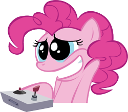 Size: 622x545 | Tagged: safe, artist:polygonical, pinkie pie, earth pony, pony, g4, adventure ponies, arcade stick, big eyes, big grin, bipedal, bust, female, grin, mare, nervous, nervous smile, simple background, smiling, solo, transparent background, vector