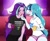 Size: 1700x1400 | Tagged: safe, artist:rileyav, aria blaze, sonata dusk, human, equestria girls, g4, bed hair, blushing, clothes, commission, cup, duo, duo female, feeding, female, lesbian, looking away, loose hair, meme, open mouth, open smile, pride month, ship:arisona, shipping, shirt, smiling, teacup, tsundere