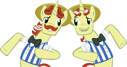 Size: 2044x1086 | Tagged: safe, artist:polygonical, flam, flim, pony, unicorn, g4, bipedal, brothers, duo, duo male, flim flam brothers, grin, looking at each other, looking at someone, male, siblings, simple background, smiling, stallion, transparent background, vector