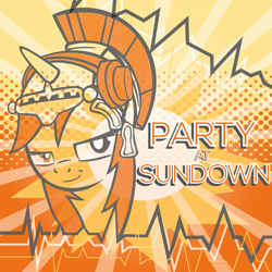 Size: 1417x1417 | Tagged: safe, artist:polygonical, oc, oc:britannia, pony, unicorn, b.u.c.k., album cover, bust, female, mare, monochrome, portrait, smug, solo, sun, sunset, vector