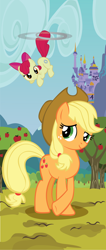 Size: 2410x5670 | Tagged: safe, artist:polygonical, apple bloom, applejack, earth pony, pony, b.u.c.k., g4, apple, apple tree, applecopter, applejack's hat, banner, canterlot castle, cowboy hat, crossed hooves, female, filly, foal, hat, high res, loop-de-hoop, mare, poster, show accurate, smiling, solo focus, tree, vector