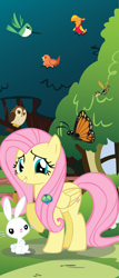 Size: 2410x5606 | Tagged: safe, artist:polygonical, angel bunny, fluttershy, philomena, bird, butterfly, owl, parasprite, pegasus, phoenix, pony, rabbit, b.u.c.k., g4, animal, banner, female, fluttershy's cottage, grin, high res, mare, poster, raised hoof, show accurate, shy, smiling, solo focus, vector