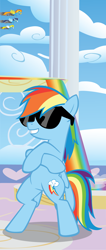 Size: 2410x5670 | Tagged: safe, artist:polygonical, rainbow dash, soarin', spitfire, surprise (g4), pegasus, pony, b.u.c.k., g4, banner, bipedal, cloudsdale, crossed hooves, deal with it, female, grin, high res, mare, poster, rainbow waterfall, show accurate, smiling, solo focus, sunglasses, vector, wonderbolts